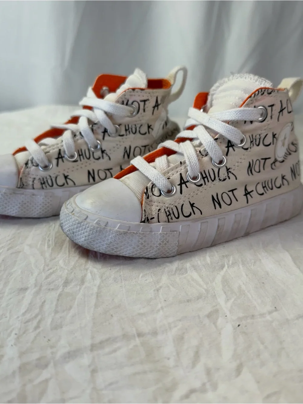Converse High-Top Toddler sz 8 White & Orange Sneakers - 'Not a Chuck' Graphic